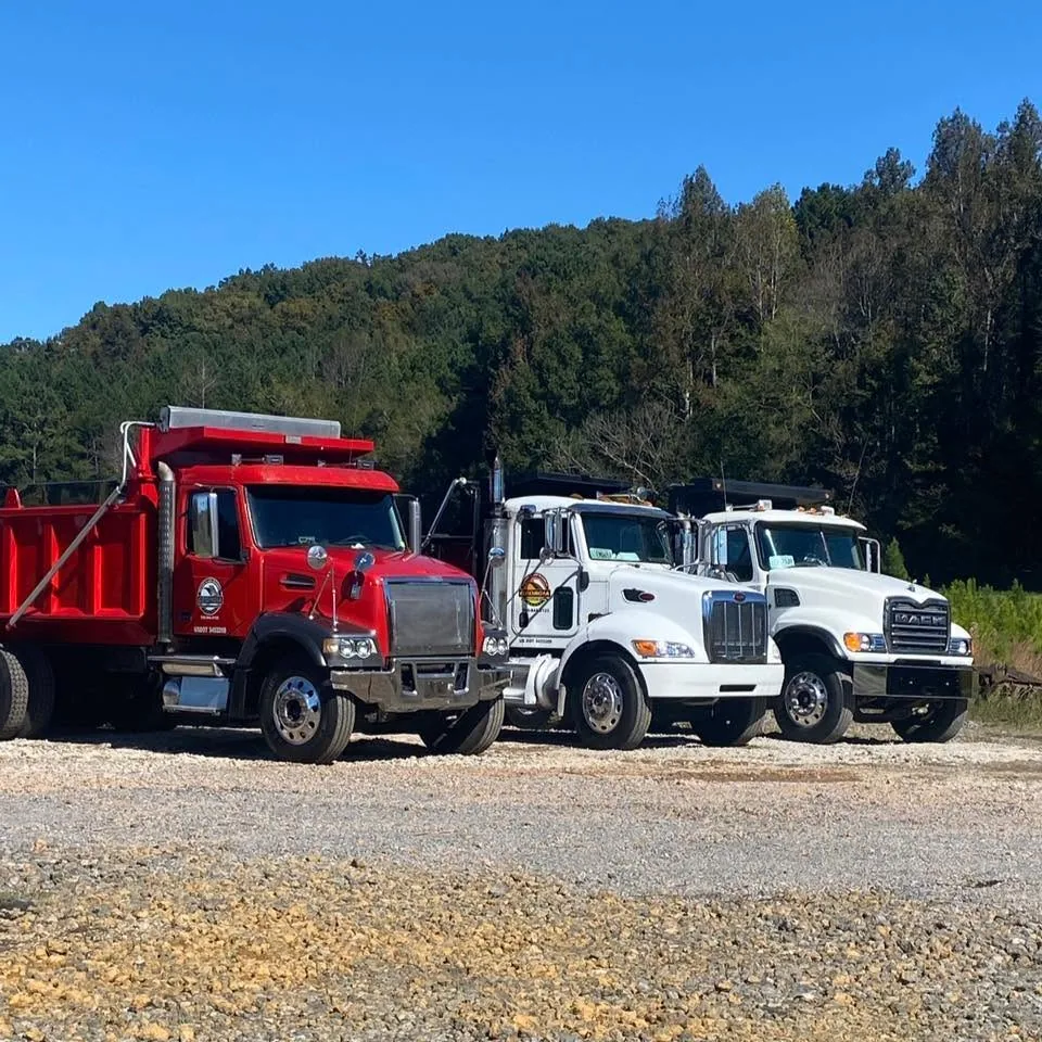 Three red dump trucks lined up in the company yard